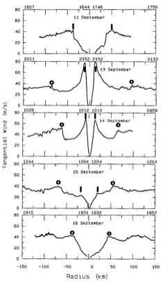 Wind speed in the primary circulation of Hurricane Gilbert (1988) at the altitude of an aircraft's flight-level (700 mb).